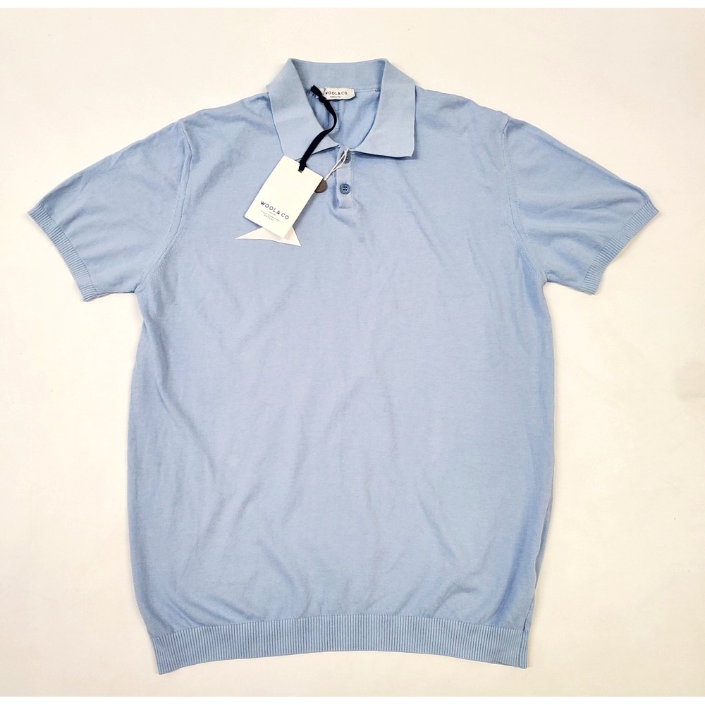 Wool & Co Light  Blue Open Polo Shirt 100% Cotton made in Italy Size XXL